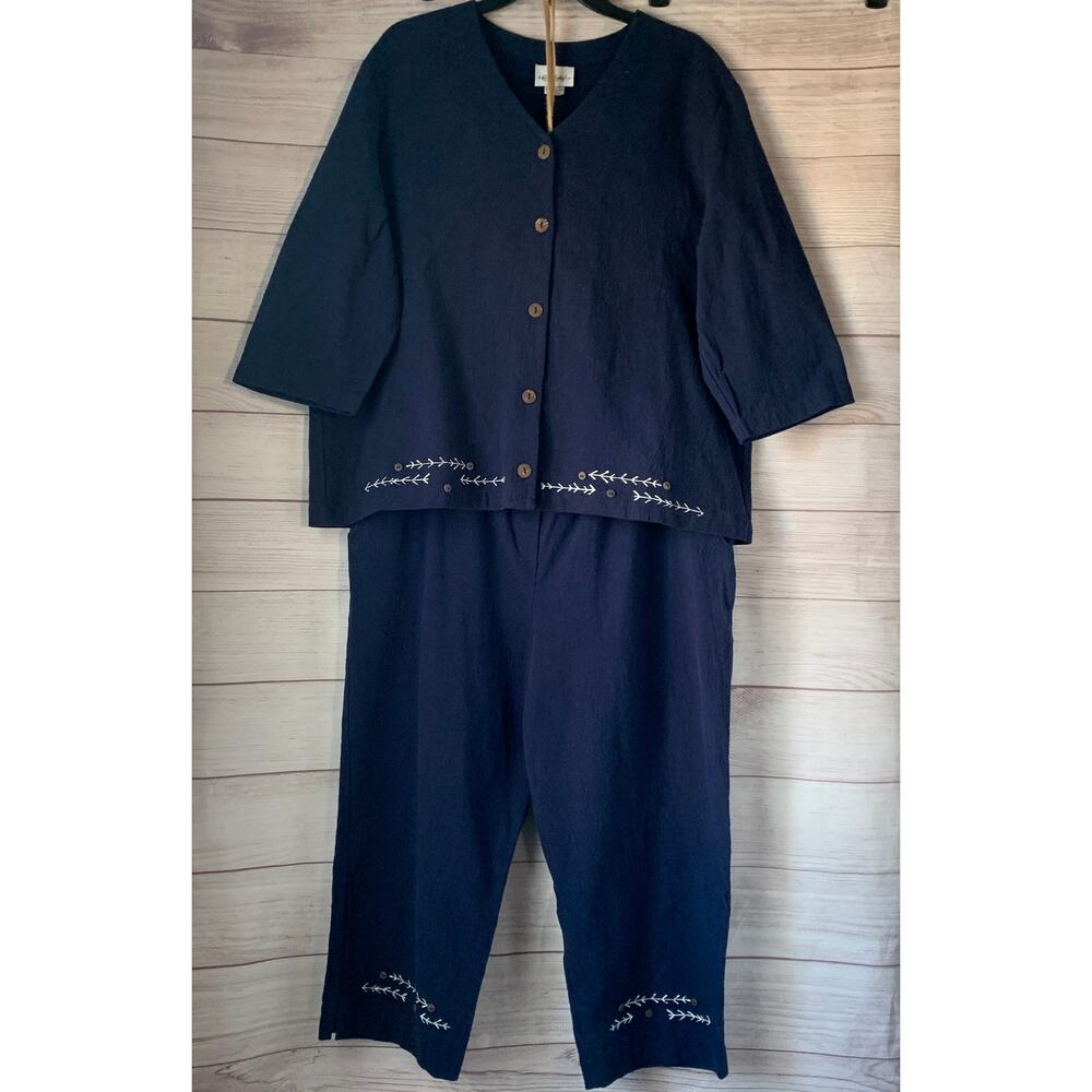 Vintage Graff Wear Blue Pant Outfit Button Up Blouse Printed Arrow Detail XL